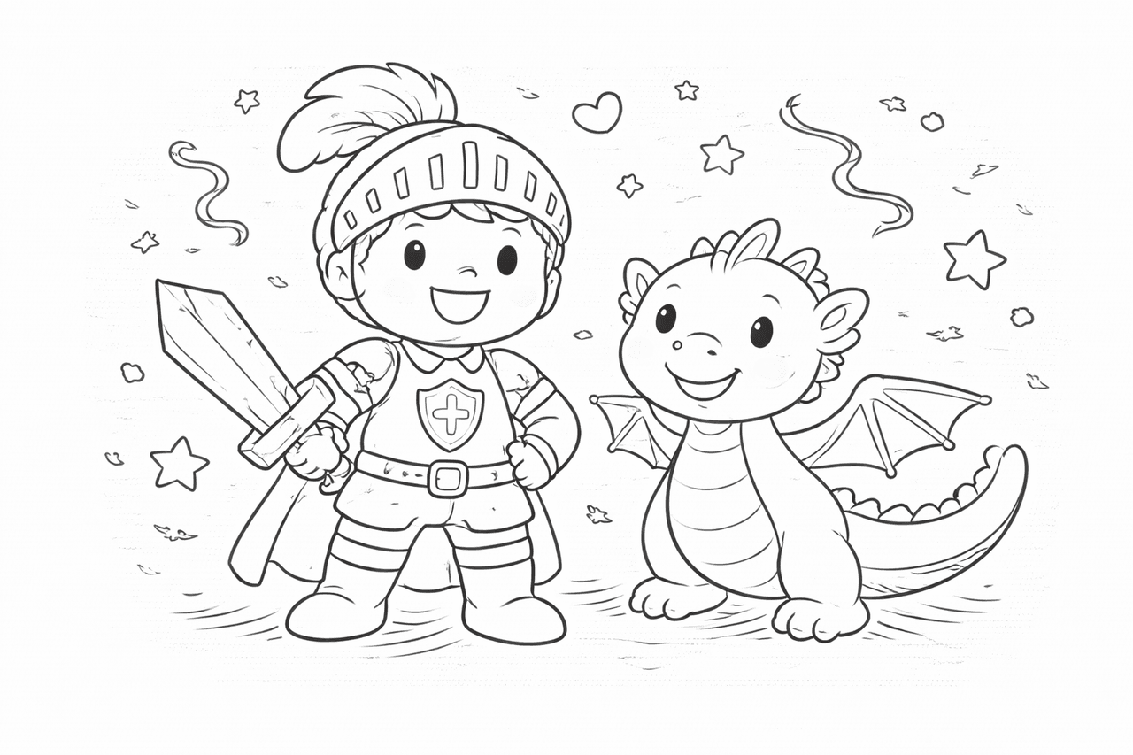 Ein fröhlicher Ritter und Drache - Ausmalbild