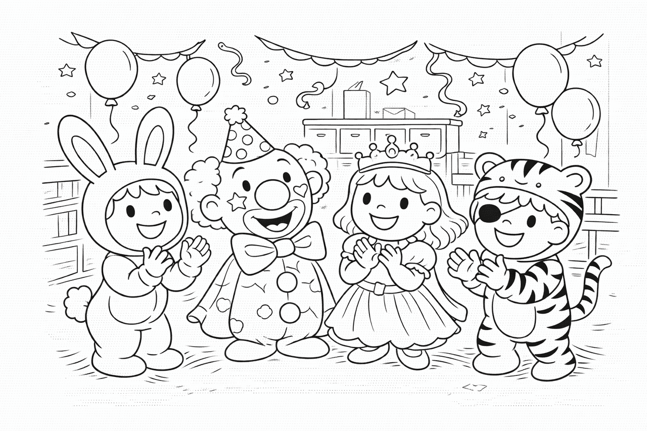 Faschingsfeier im Kindergarten - Ausmalbild