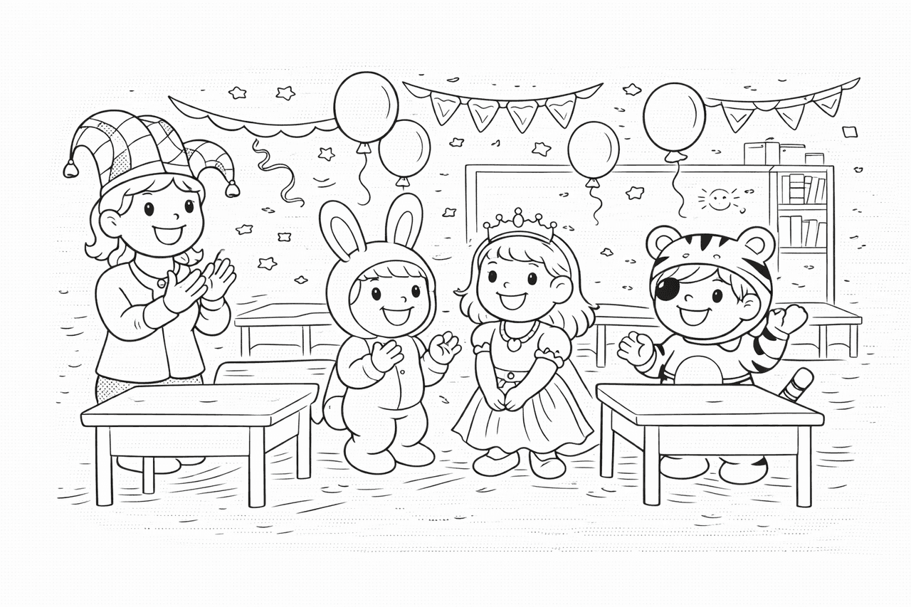Faschingsfeier im Klassenzimmer - Ausmalbild