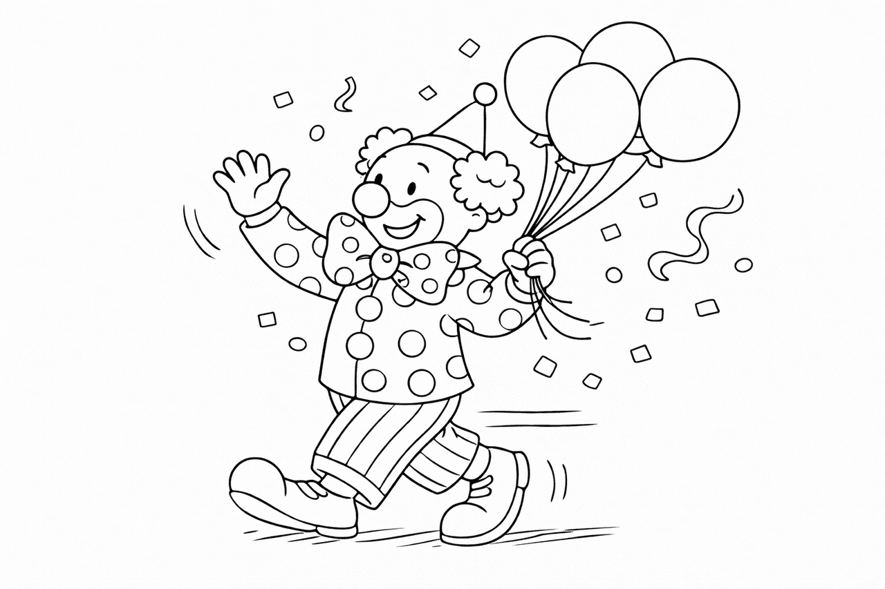 Fröhlicher Clown mit Ballons - Ausmalbild