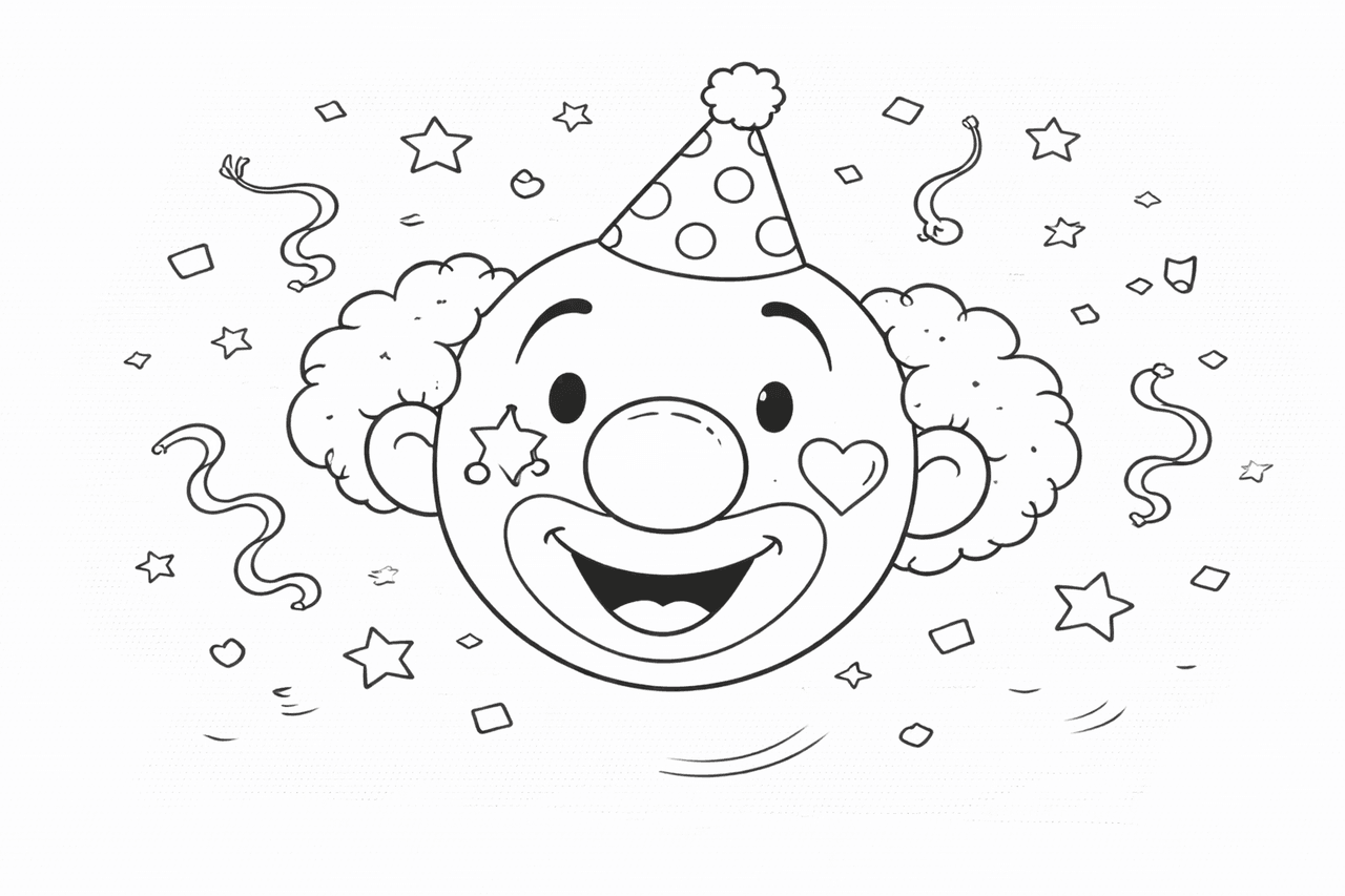 Fröhlicher Clown mit Partydeko - Ausmalbild
