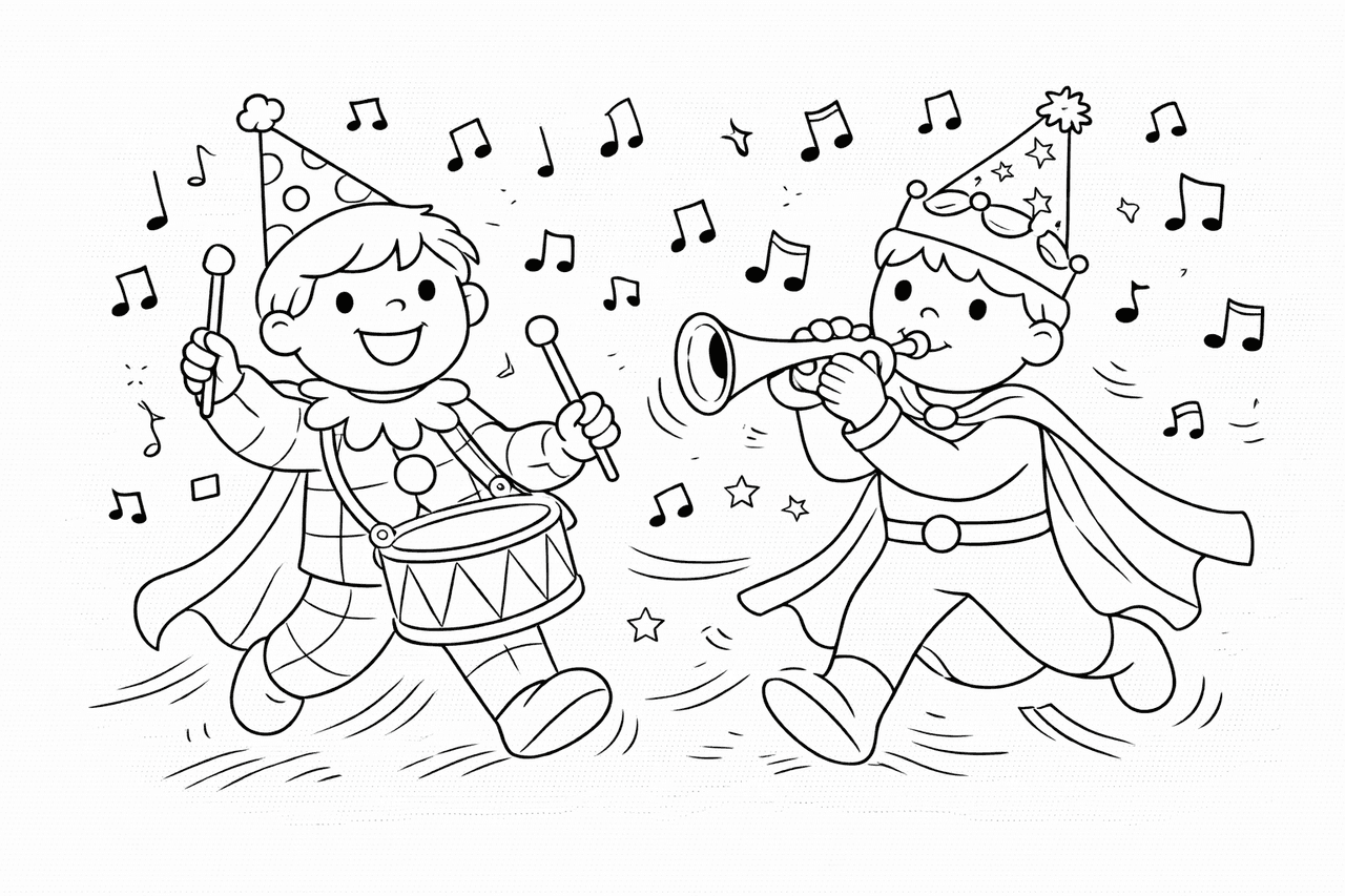 Kinder im Partykostüm spielen Musik - Ausmalbild