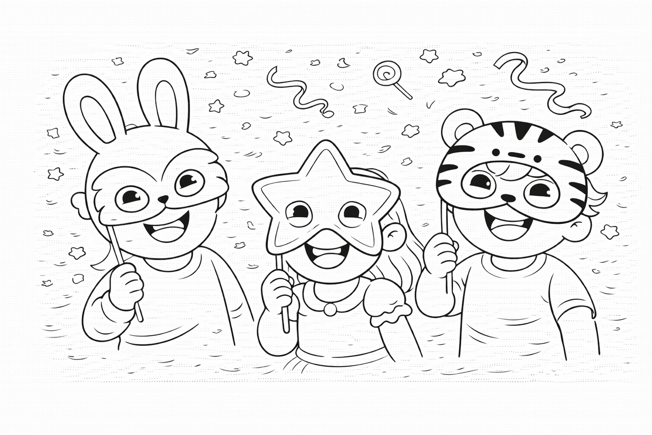 Kleine Faschingsfreude in Masken - Ausmalbild