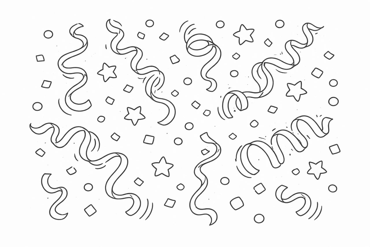 Konfetti und Luftschlangen im Wirbel - Ausmalbild