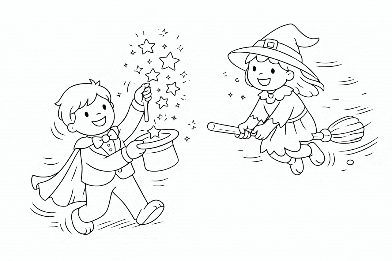 Magier und Hexe im Fasching - Ausmalbild