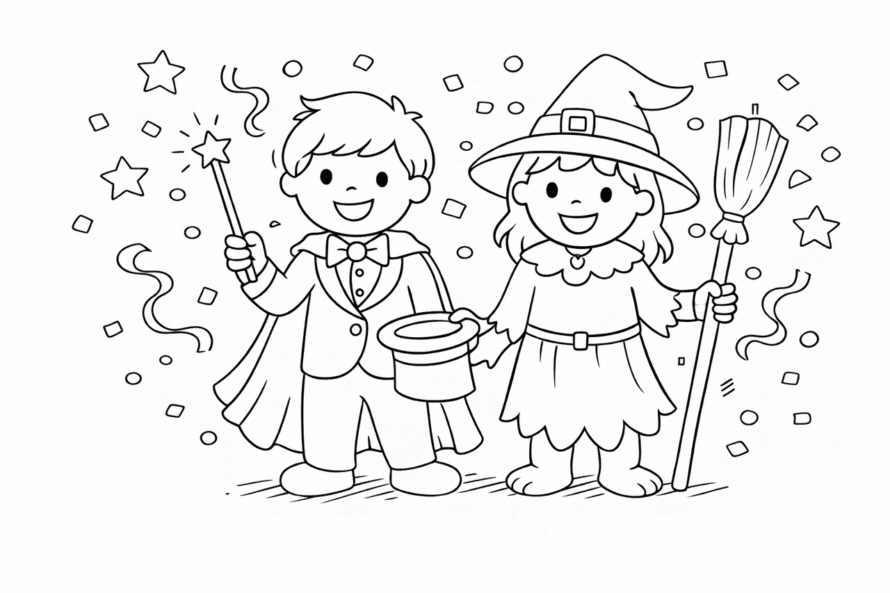 Magier und Hexe im Festumhang - Ausmalbild