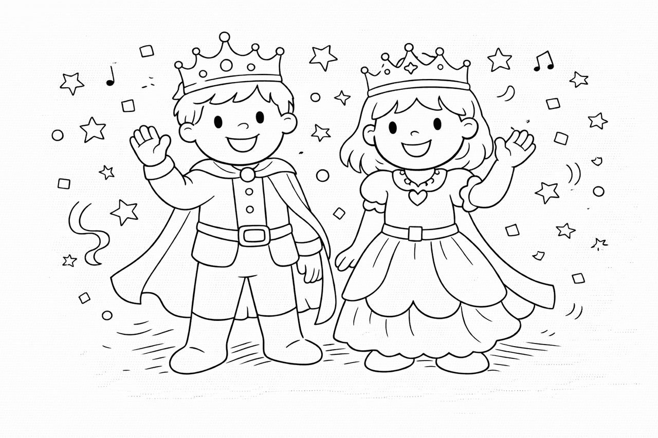 Prinz und Prinzessin winken gemeinsam - Ausmalbild