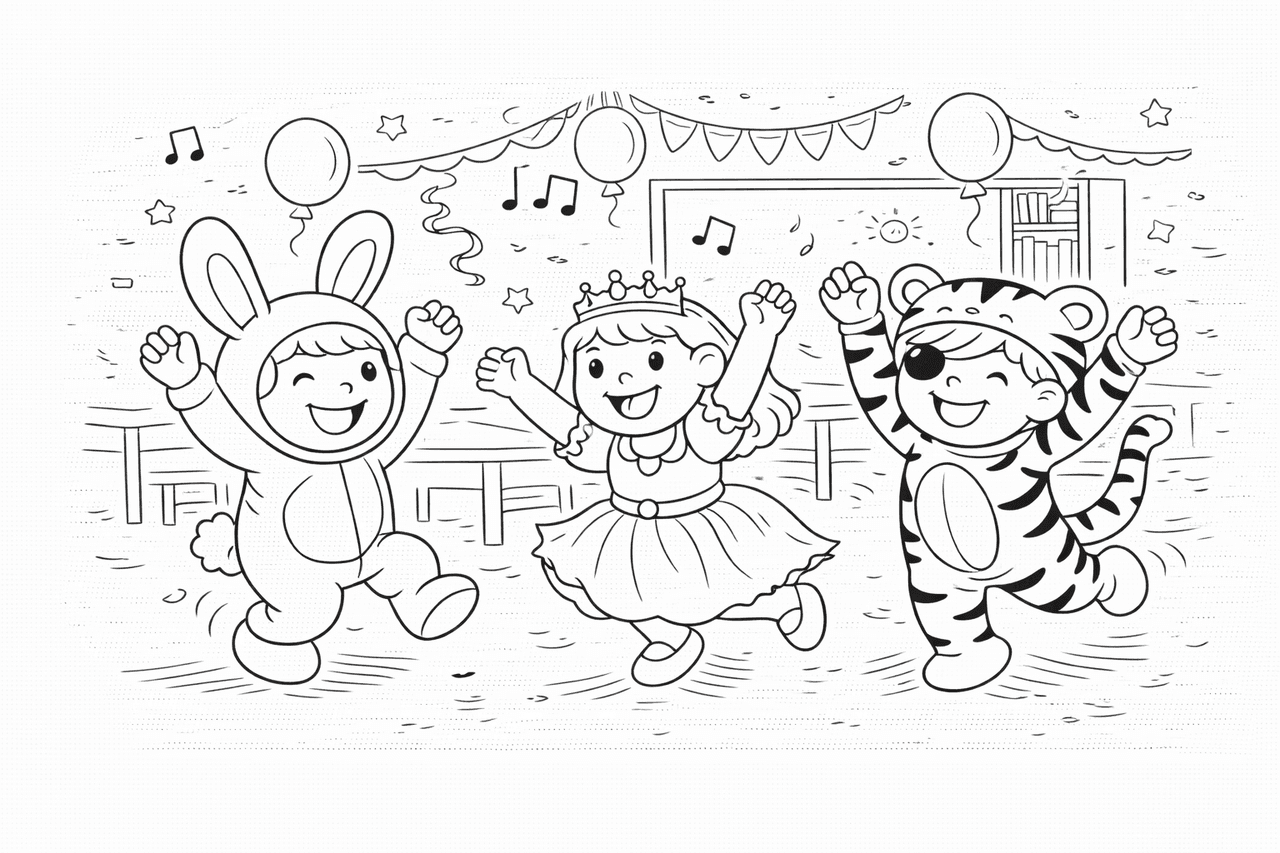 Tanzende Kinder in Kostümen - Ausmalbild