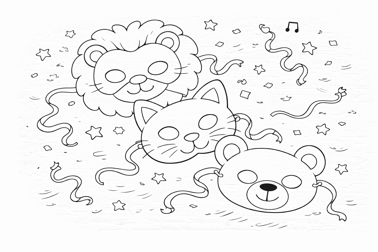 Tiermasken mit fließenden Bändern - Ausmalbild