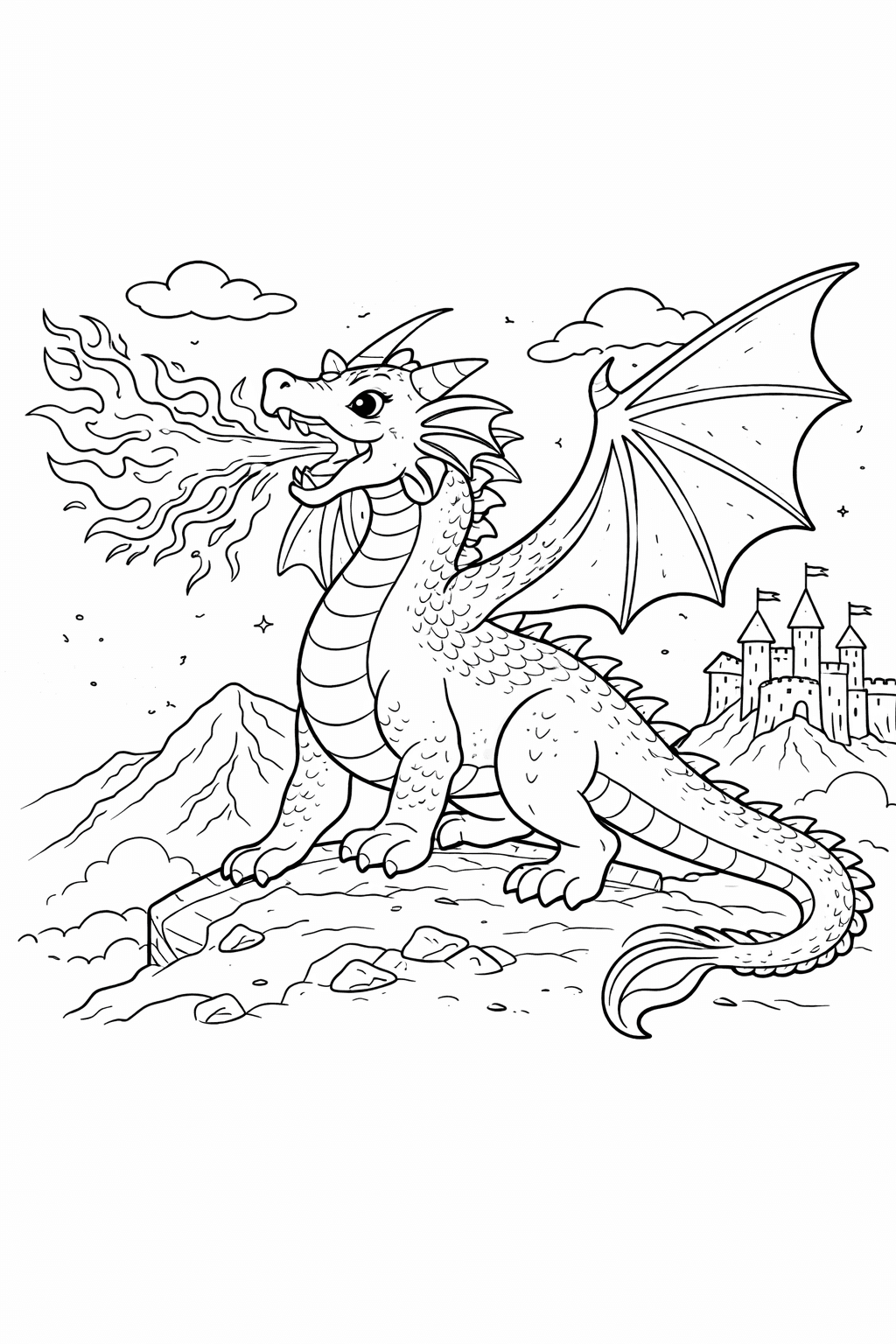 Feuer speiender Drache - Ausmalbild