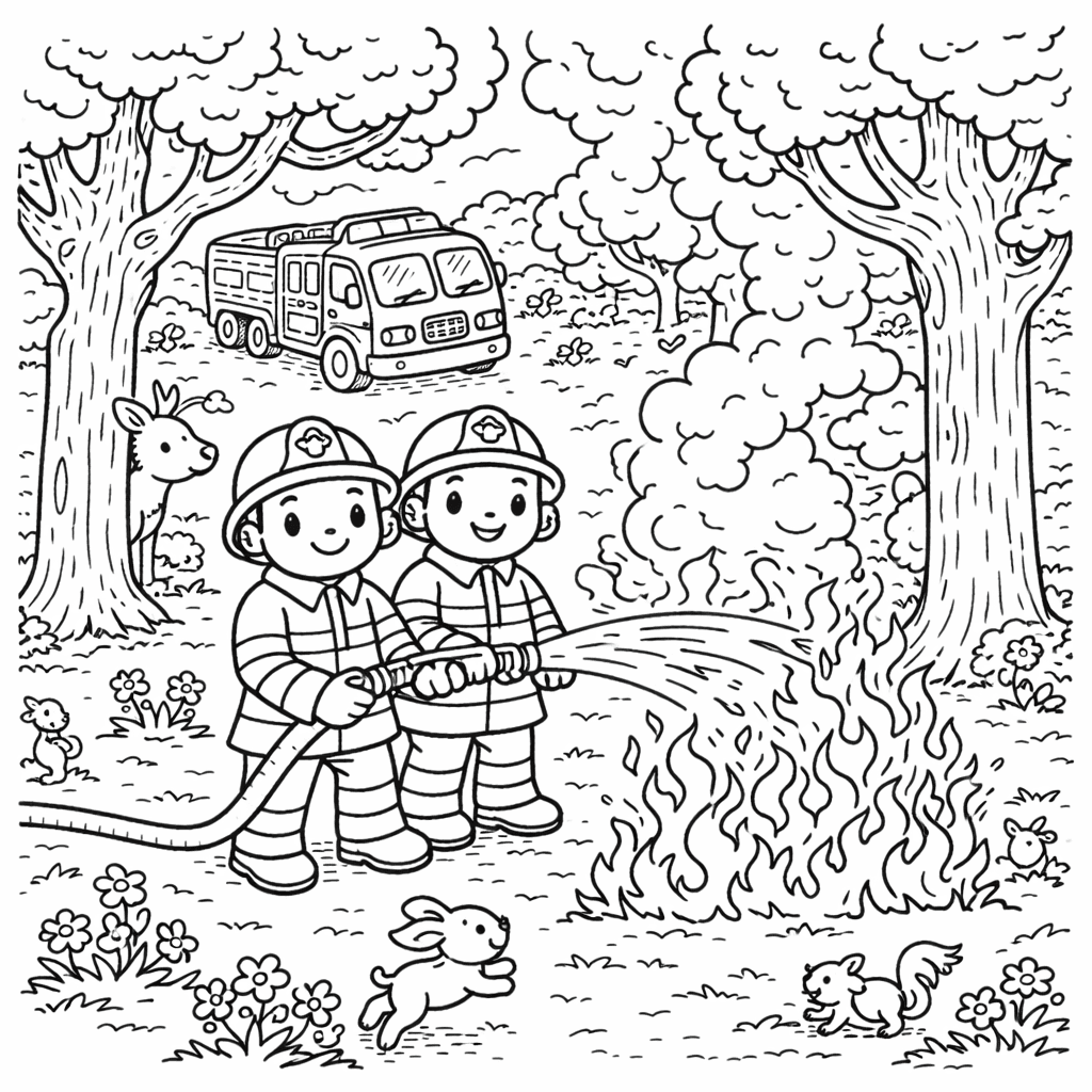 Feuerwehr im Wald bei Löscharbeiten - Ausmalbild