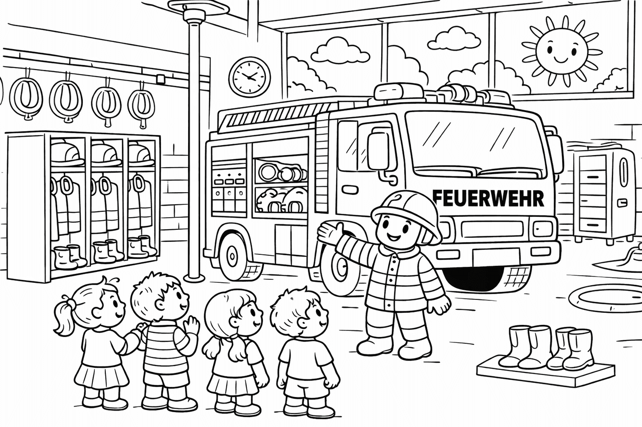 Besuch bei der Feuerwache - Ausmalbild