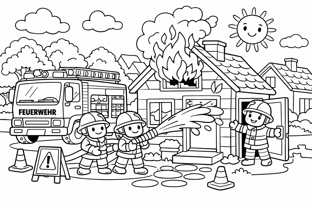 Feuerwehr im Einsatz bei Brand - Ausmalbild