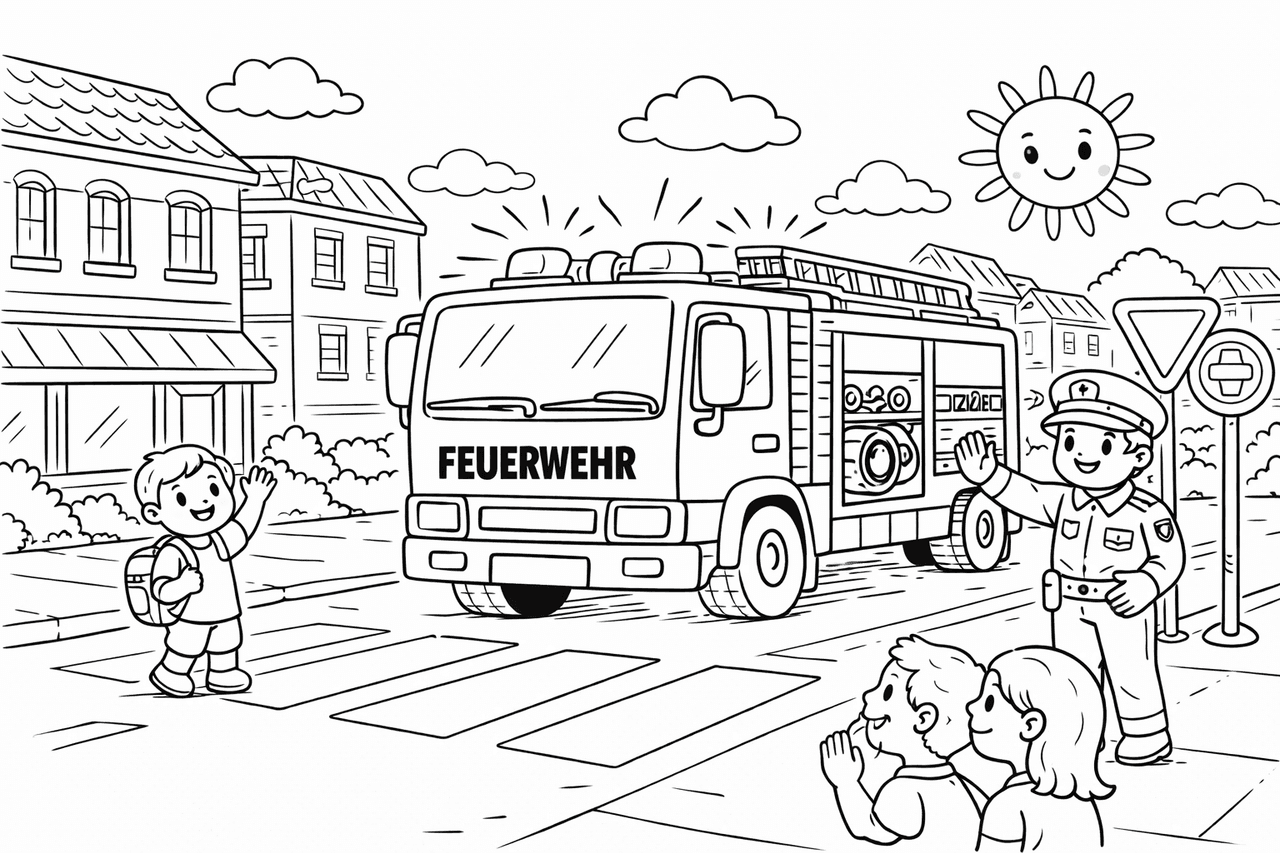 Feuerwehr im Einsatz in der Stadt - Ausmalbild