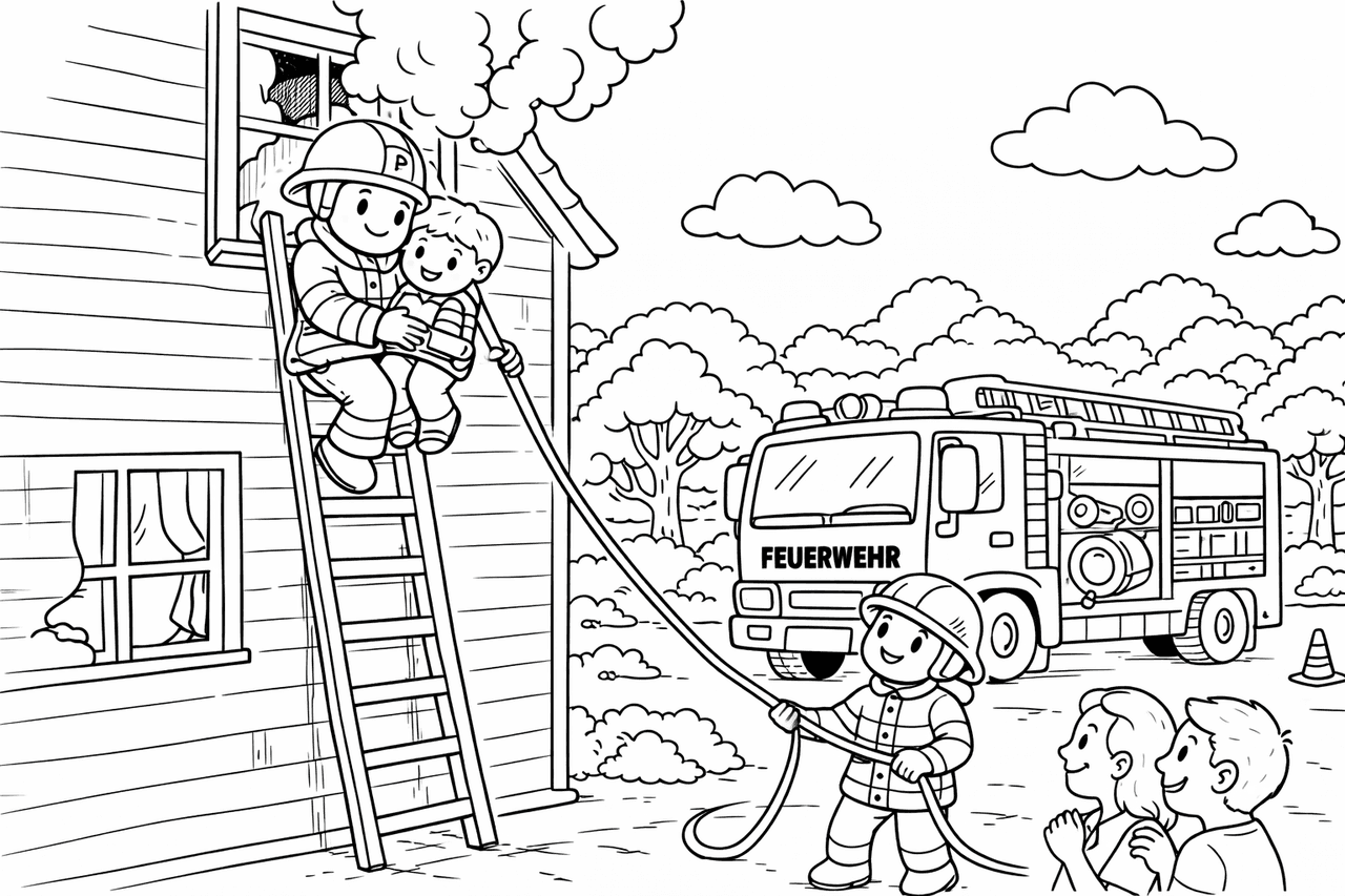 Feuerwehr rettet Jungen aus dem Haus - Ausmalbild