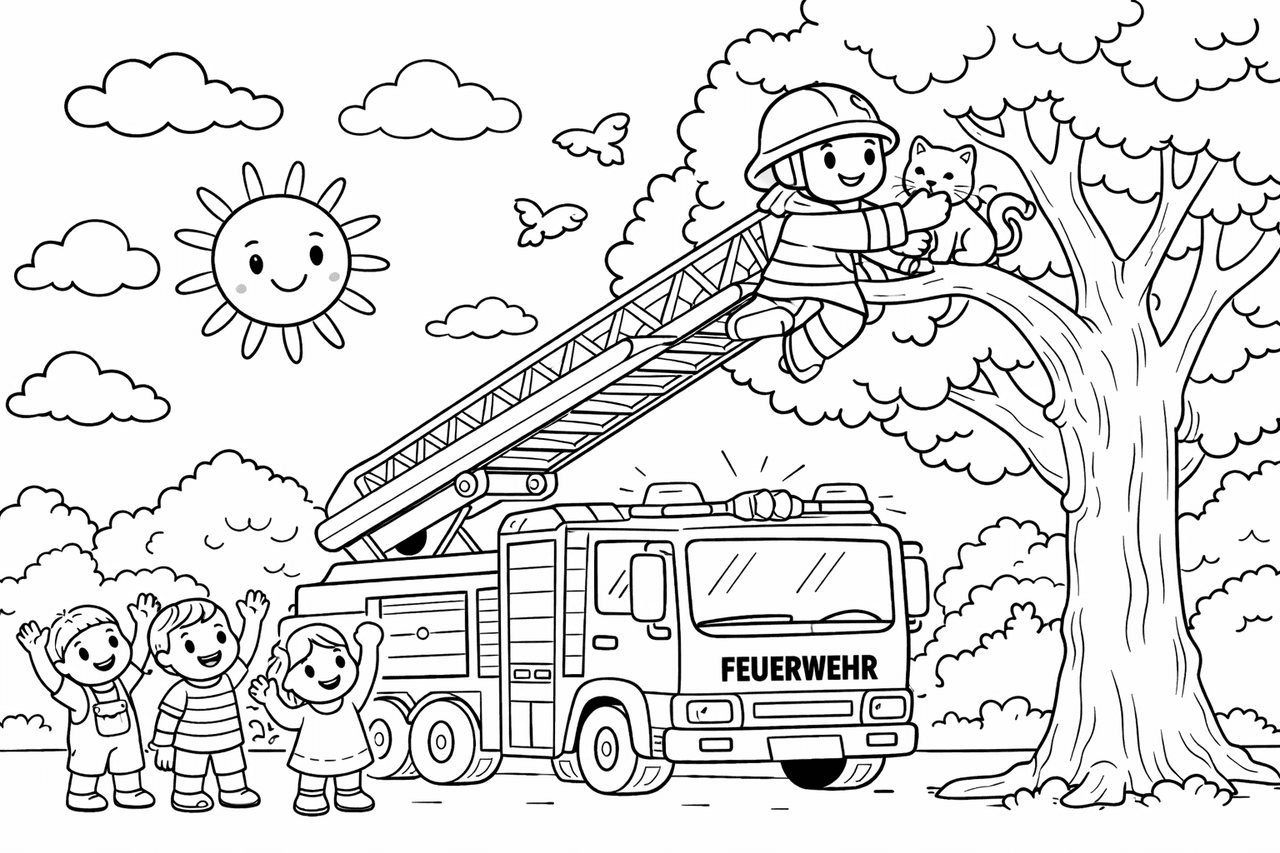 Feuerwehr rettet Katze aus Baum - Ausmalbild