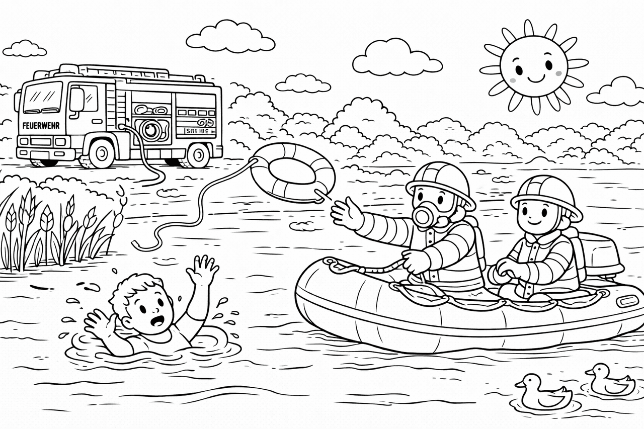 Feuerwehr rettet Schwimmer am See - Ausmalbild