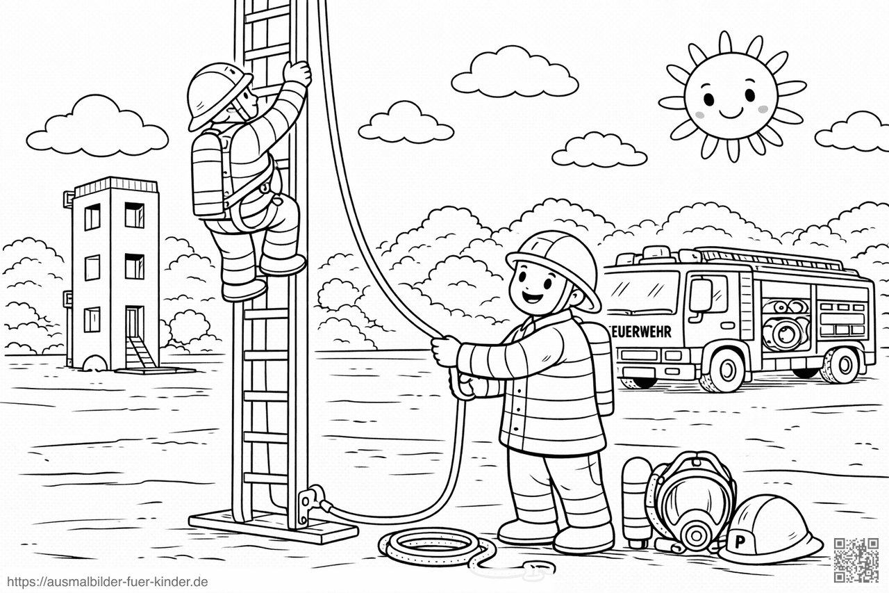 Feuerwehrübung am Trainingsplatz - Ausmalbild