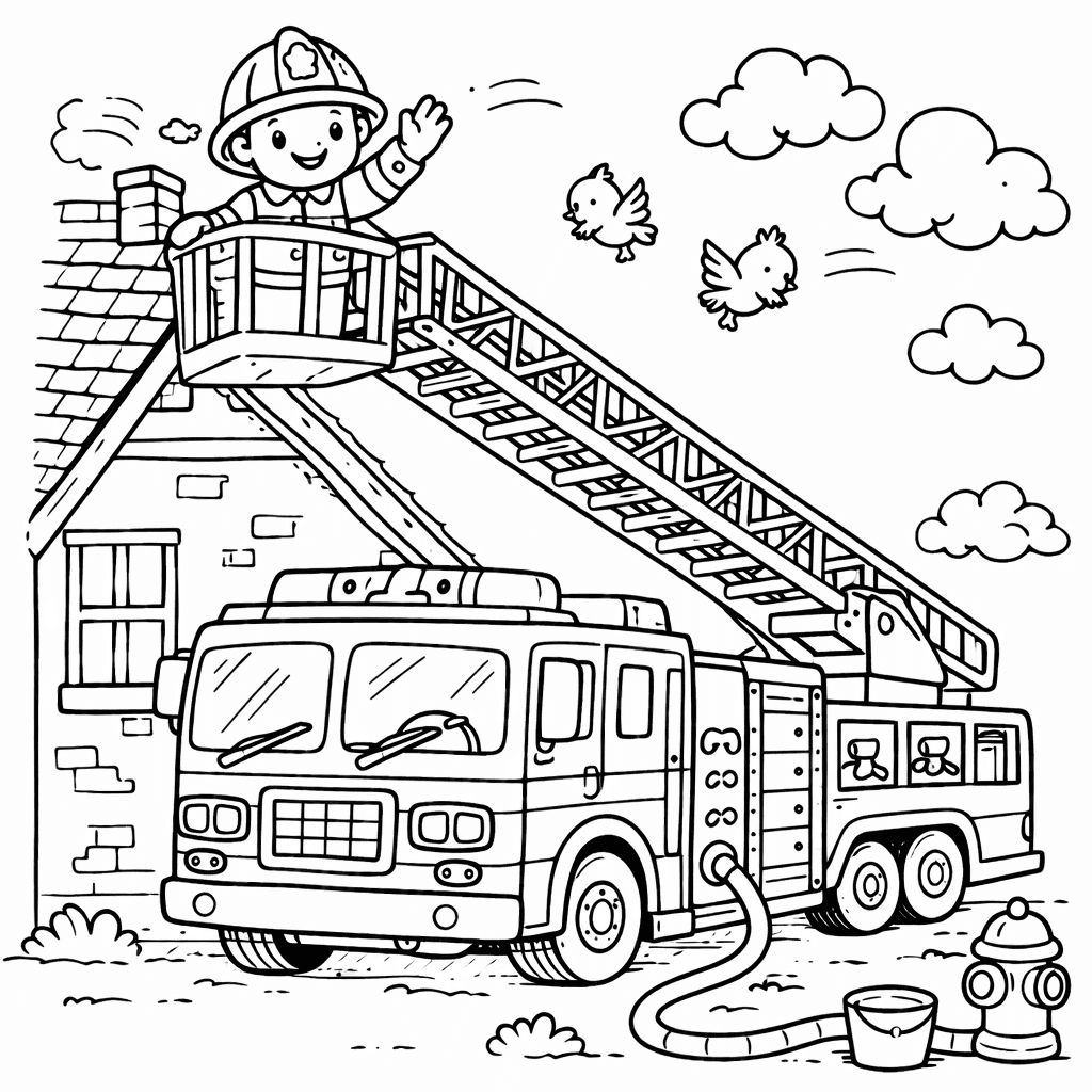 Feuerwehrmann auf Leiter vor Haus - Ausmalbild