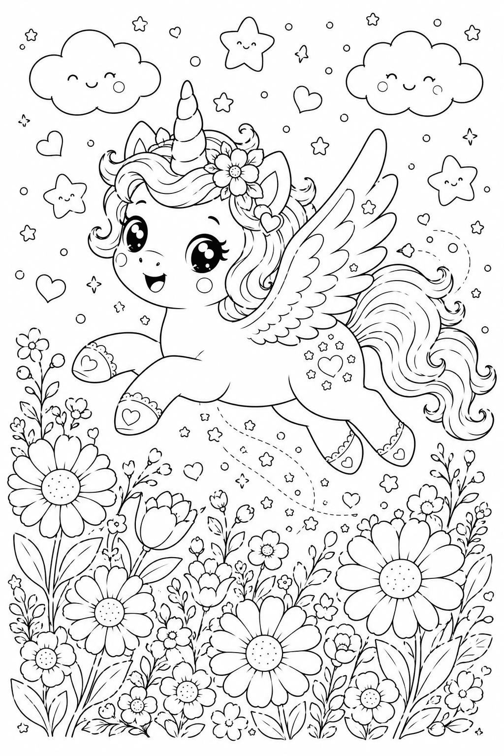 Fliegendes Einhorn über Blumenwiese - Ausmalbild