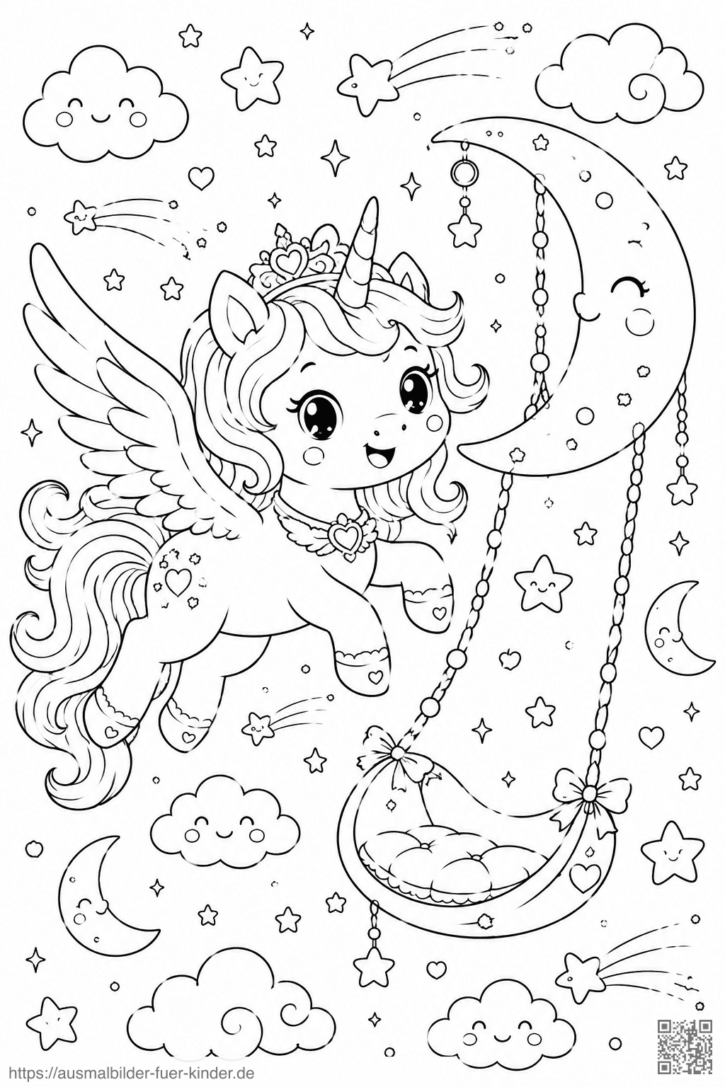 Fliegendes Einhorn unter dem Mond - Ausmalbild