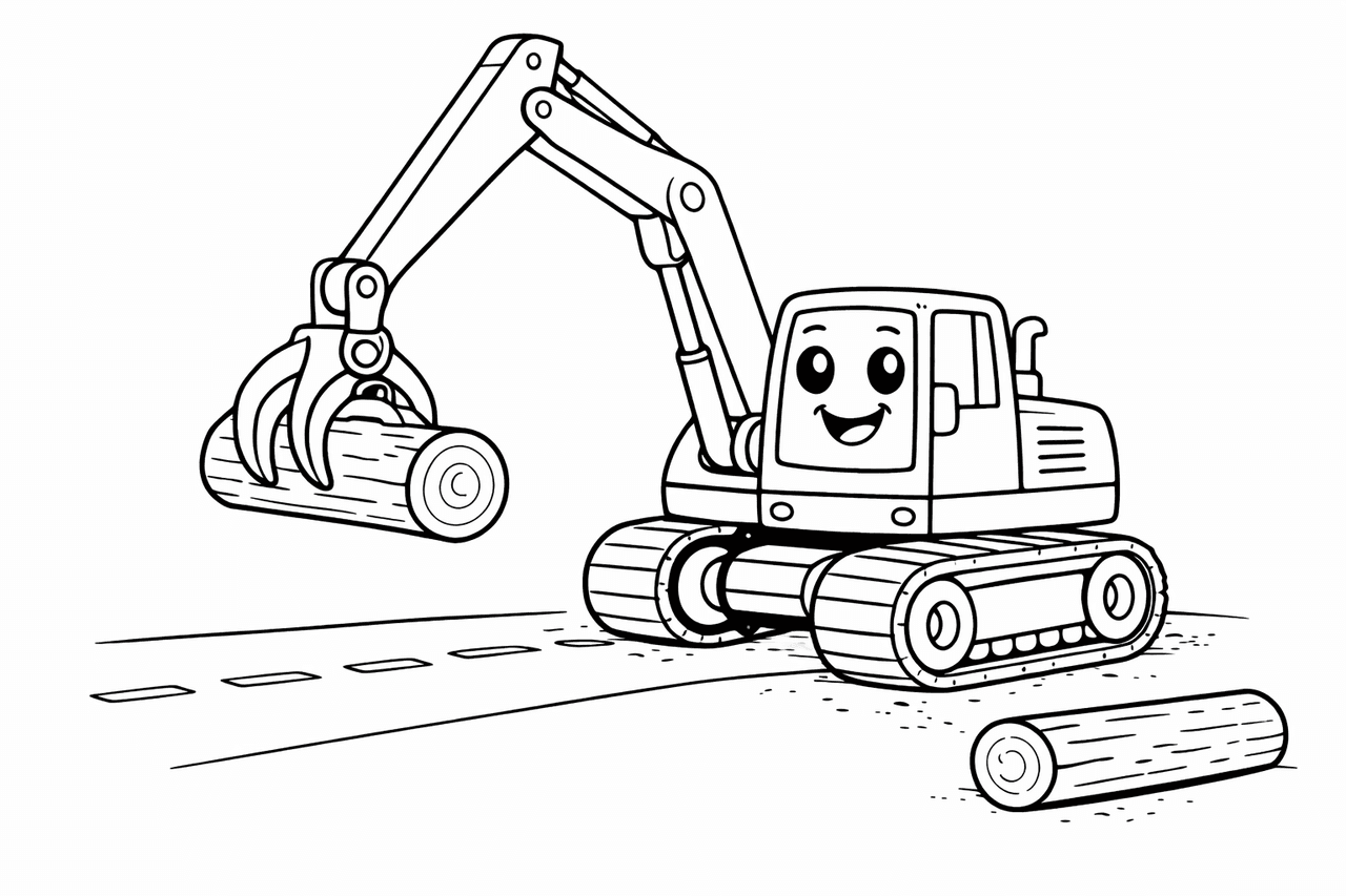 Fröhlicher Bagger mit Baumstamm - Ausmalbild