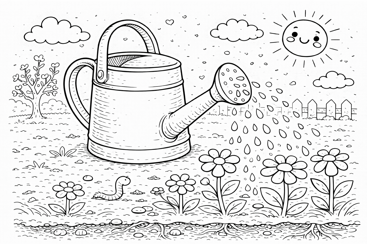 Gießkanne im Blumenbeet - Ausmalbild