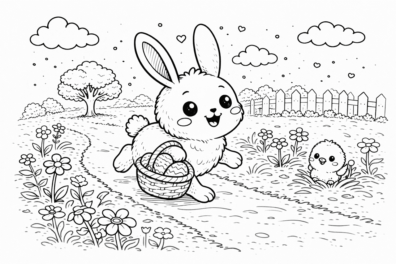 Hoppelnder Osterhase im Garten - Ausmalbild