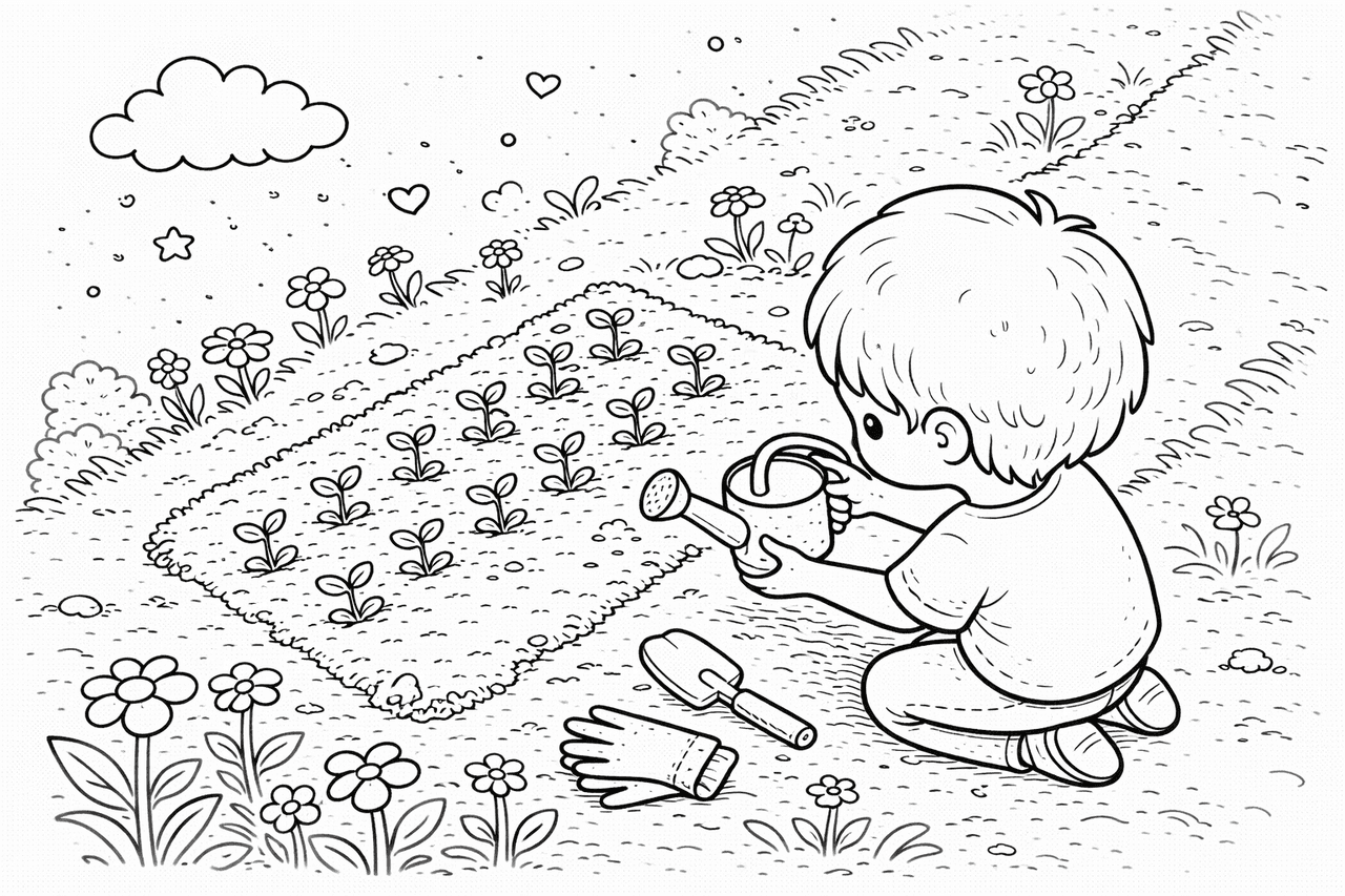 Kind gießt Pflanzen im Garten - Ausmalbild