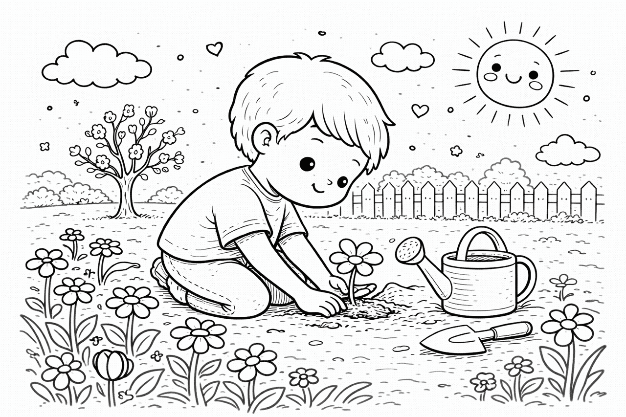 Kind pflanzt Blume im Garten - Ausmalbild