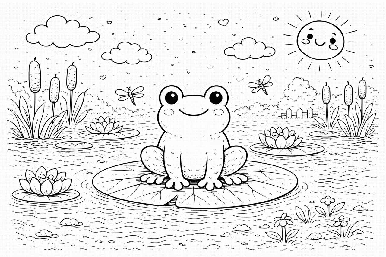 Lustiger Frosch auf einer Seerose - Ausmalbild