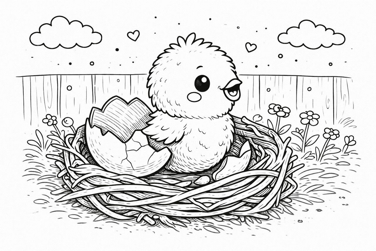 Neugeborenes Küken im Nest - Ausmalbild
