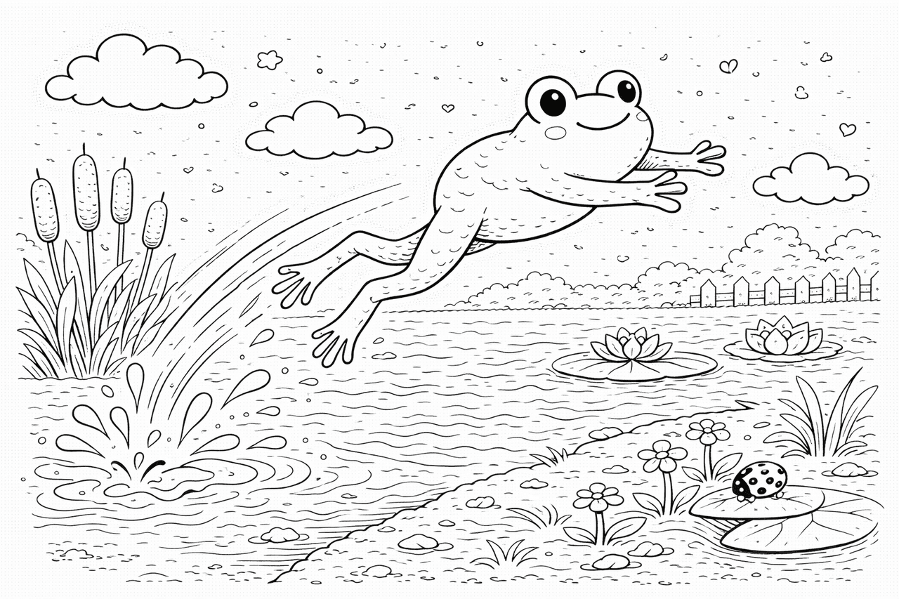 Springhüpfer am Teichufer - Ausmalbild