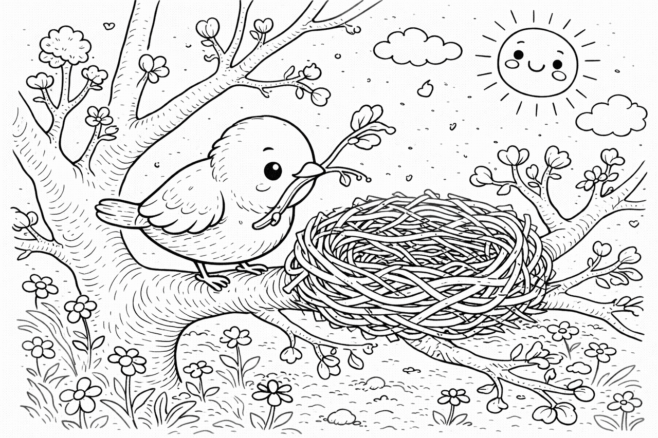 Vogel baut Nest im Baum - Ausmalbild