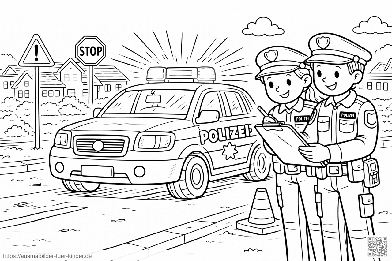 Freundliche Polizei im Wohngebiet - Ausmalbild