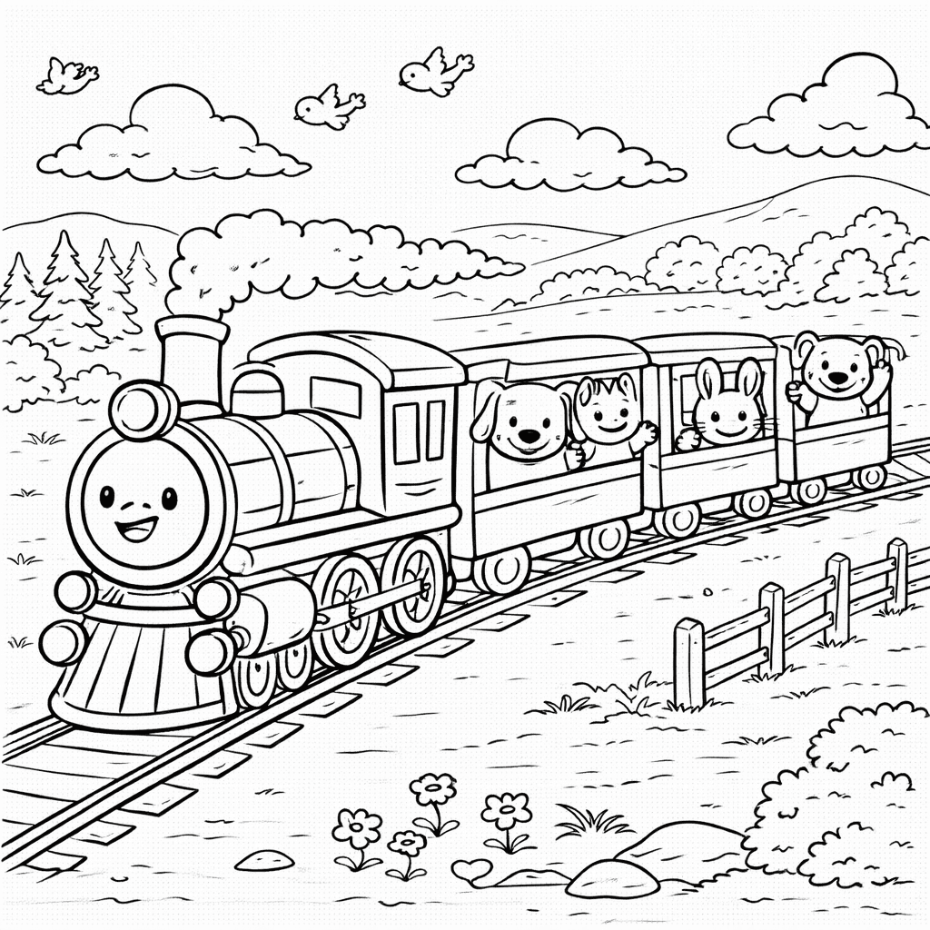 Freundliche Tiere auf Zugreise - Ausmalbild