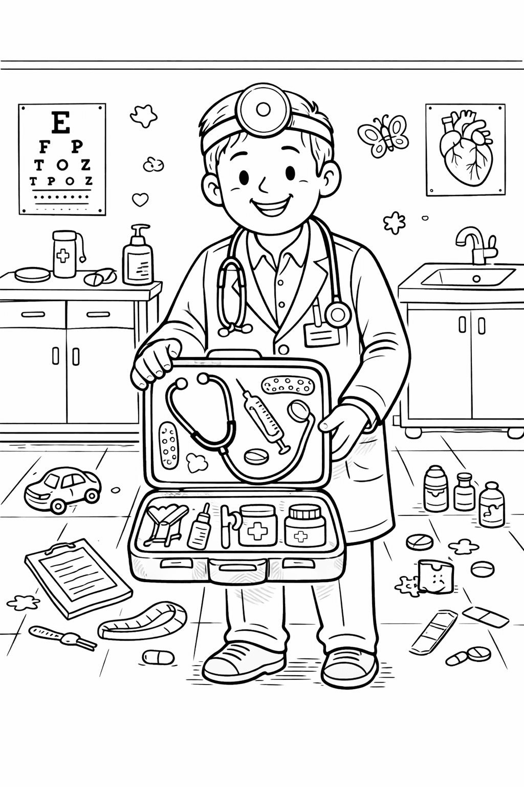 Freundlicher Arzt mit Doktorkoffer - Ausmalbild