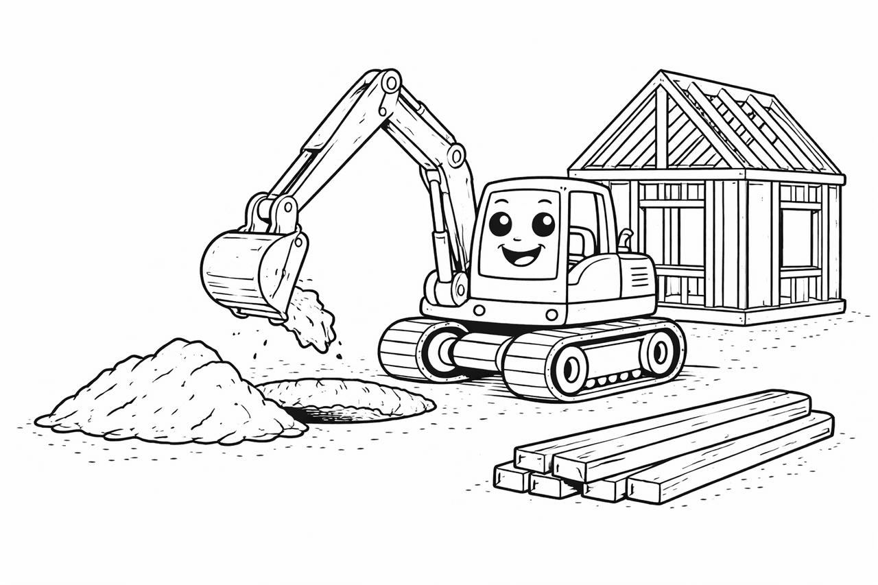 Freundlicher Bagger baut ein Haus - Ausmalbild