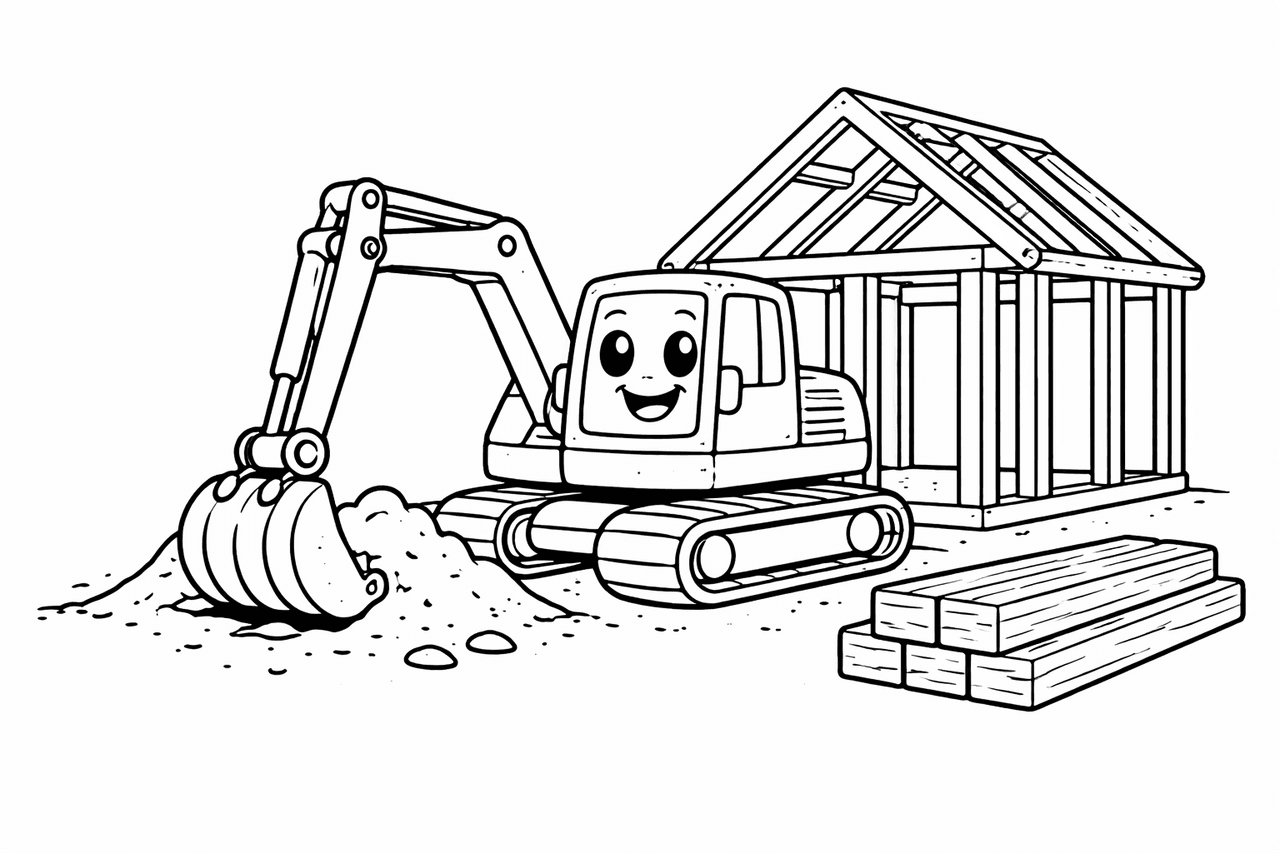 Freundlicher Bagger neben Hausrahmen - Ausmalbild