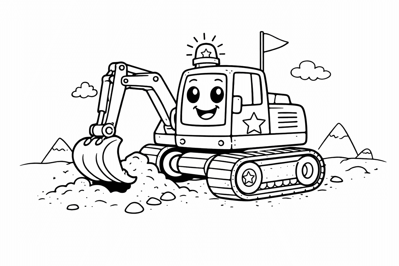 Freundlicher Baumaschinenheld auf Baustelle - Ausmalbild