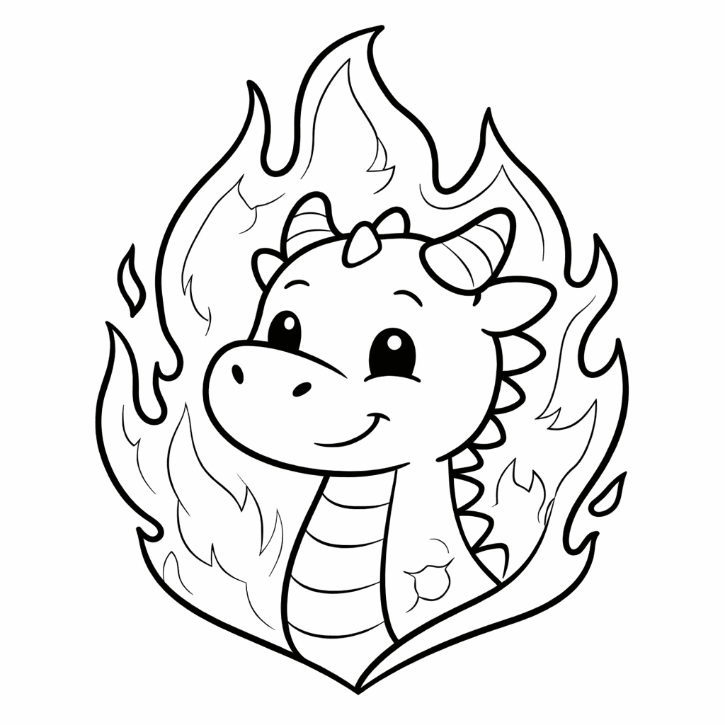 Freundlicher Drache Im Flammenrahmen - Ausmalbild