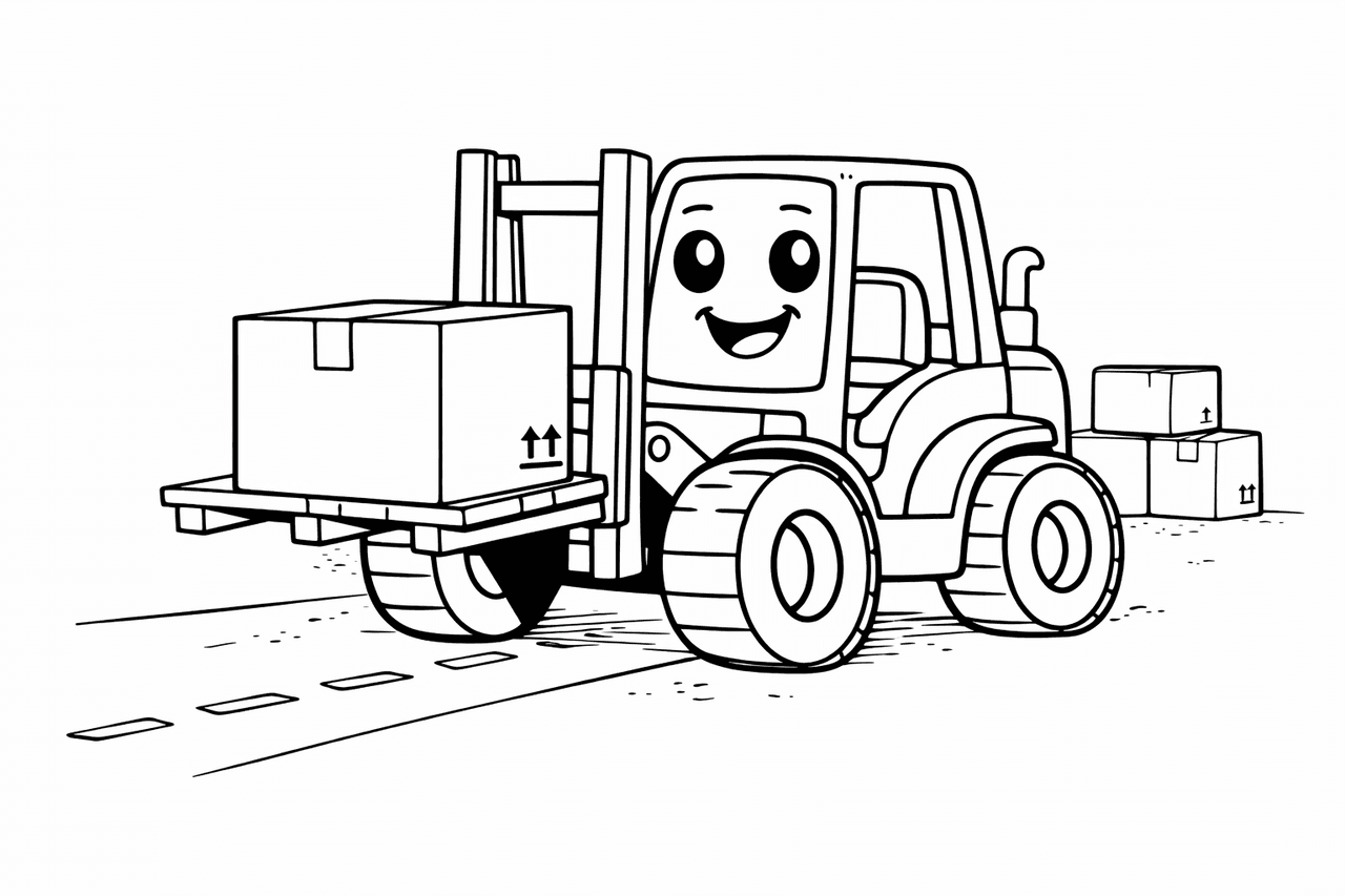 Freundlicher Gabelstapler mit Kiste - Ausmalbild