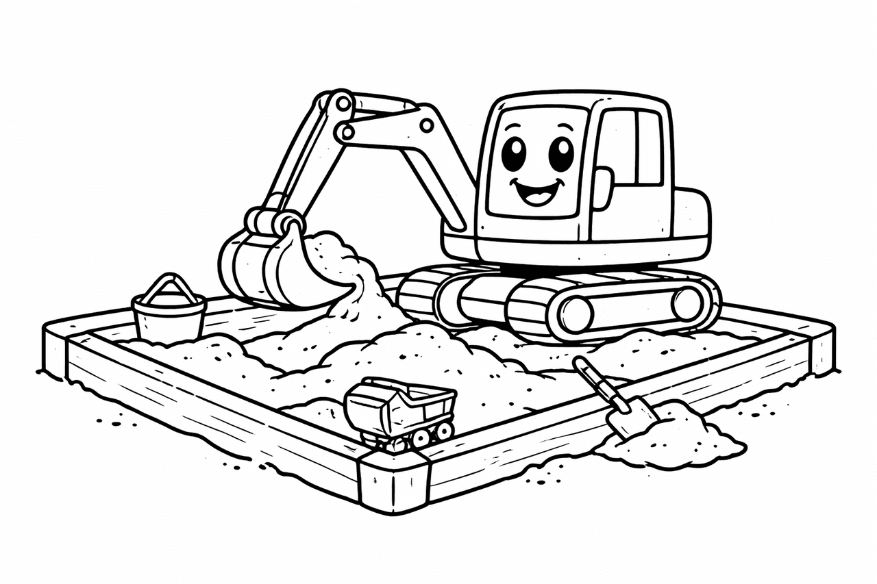 Freundlicher Mini-Bagger im Sandkasten - Ausmalbild