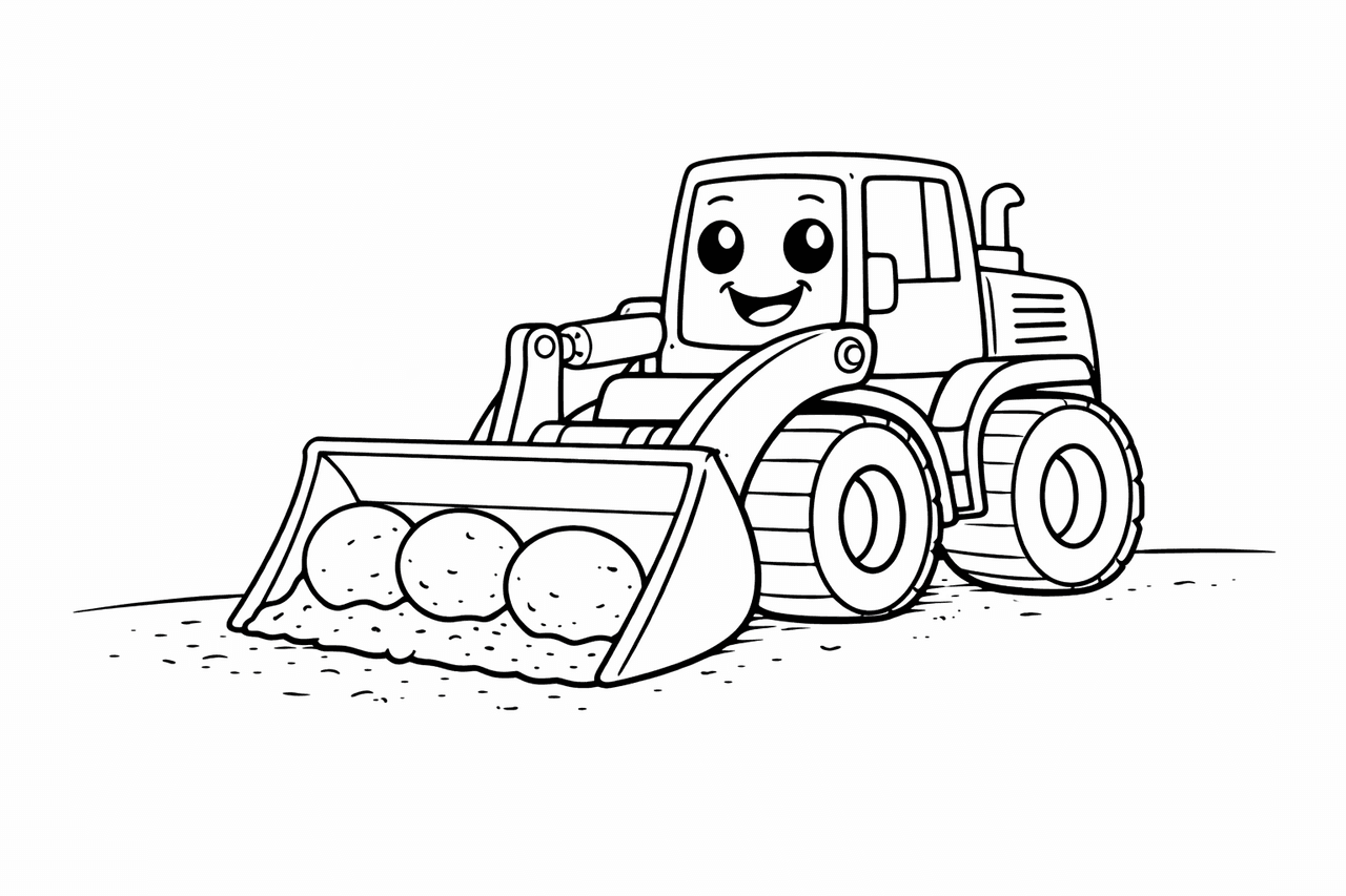 Freundlicher Radlader mit Steinen - Ausmalbild