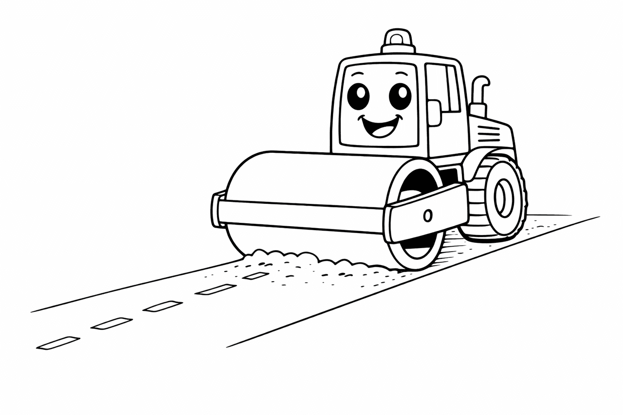 Freundlicher Straßenwalzen in Aktion - Ausmalbild