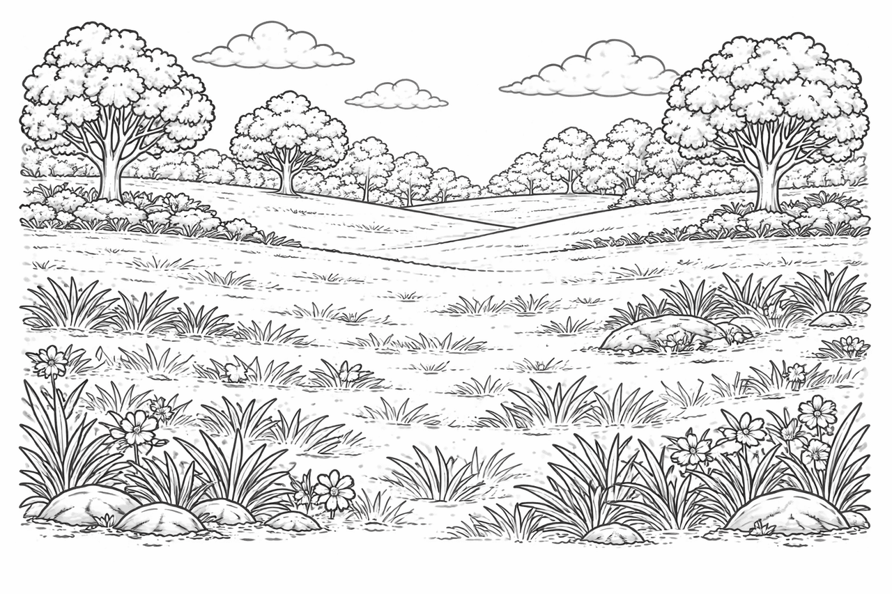 Wiesenhorizont bei Tageslicht - Ausmalbild