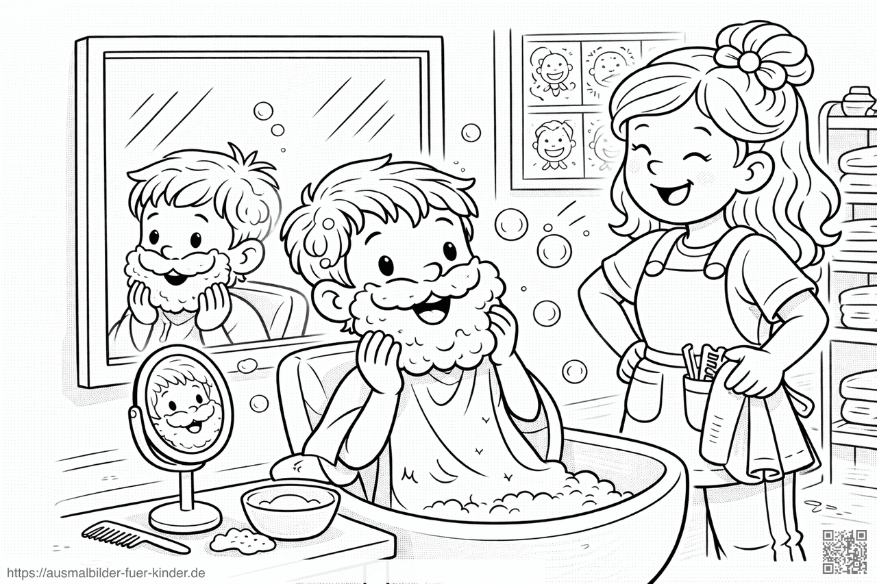 Fröhliche Rasur im Friseursalon - Ausmalbild