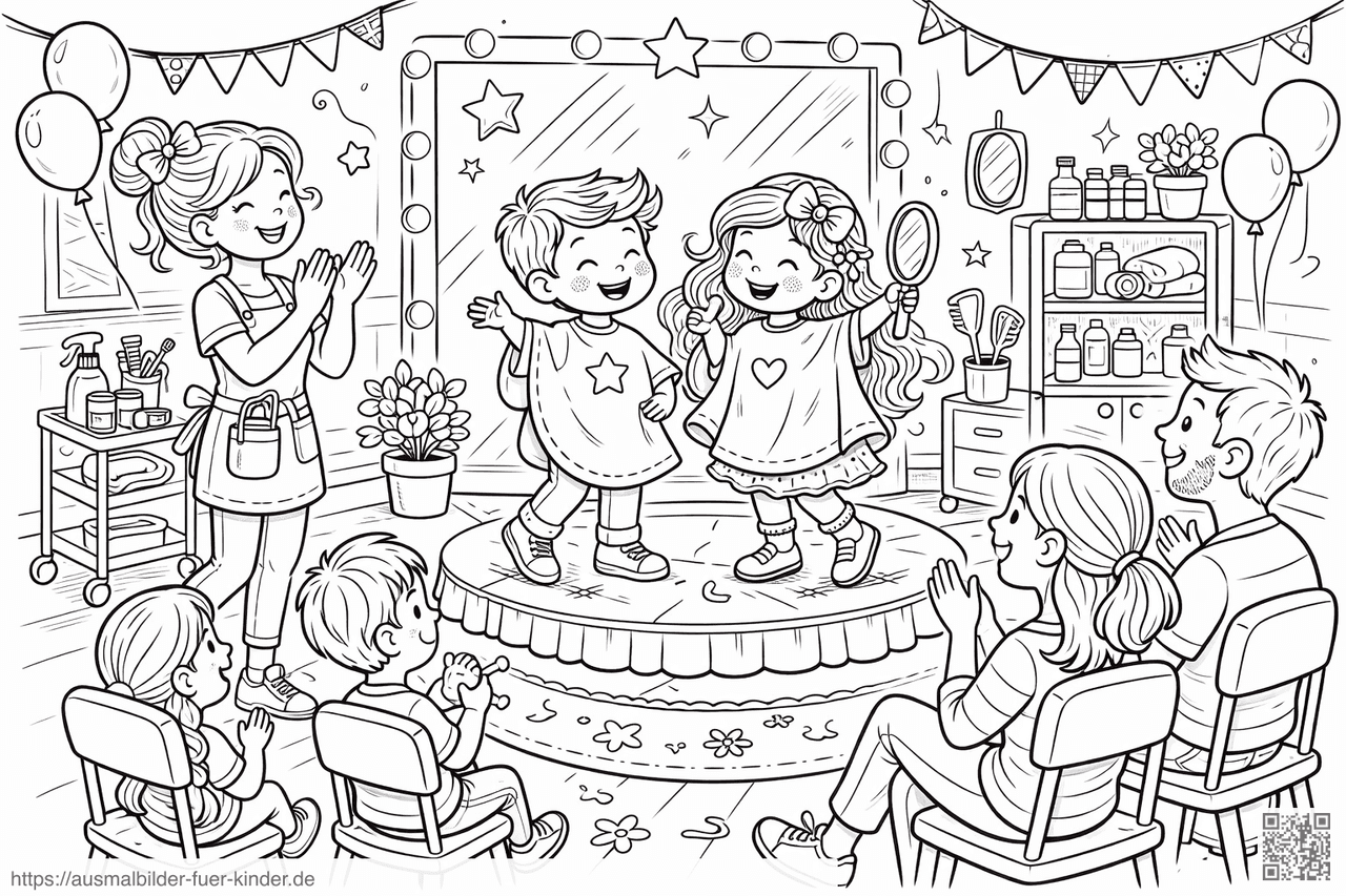 Fröhliches Kinderfriseur-Event im Salon - Ausmalbild