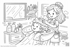 Friseur im Salon mit Kind - Ausmalbild