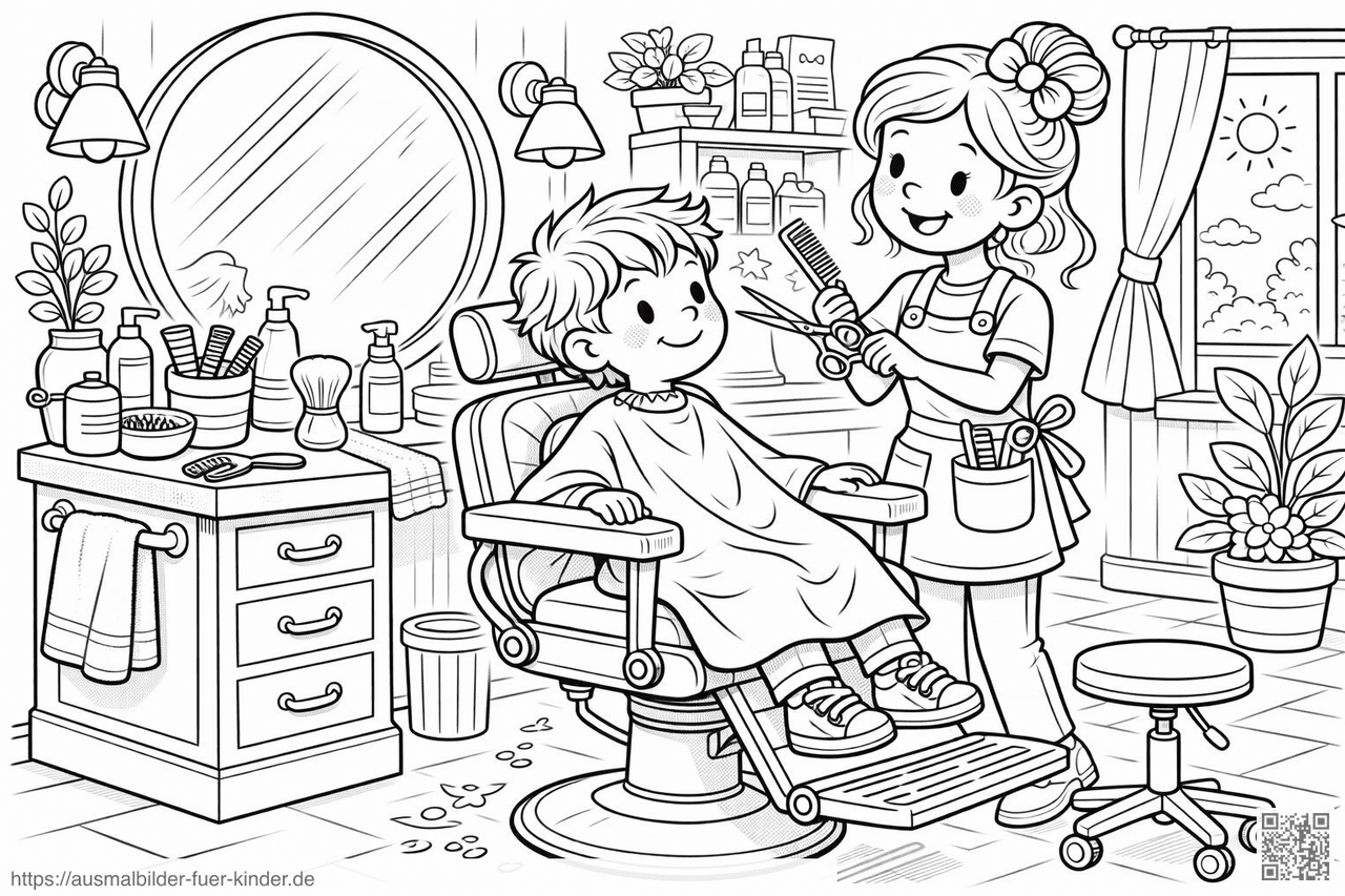 Friseur-Salon mit fröhlichem Jungen - Ausmalbild